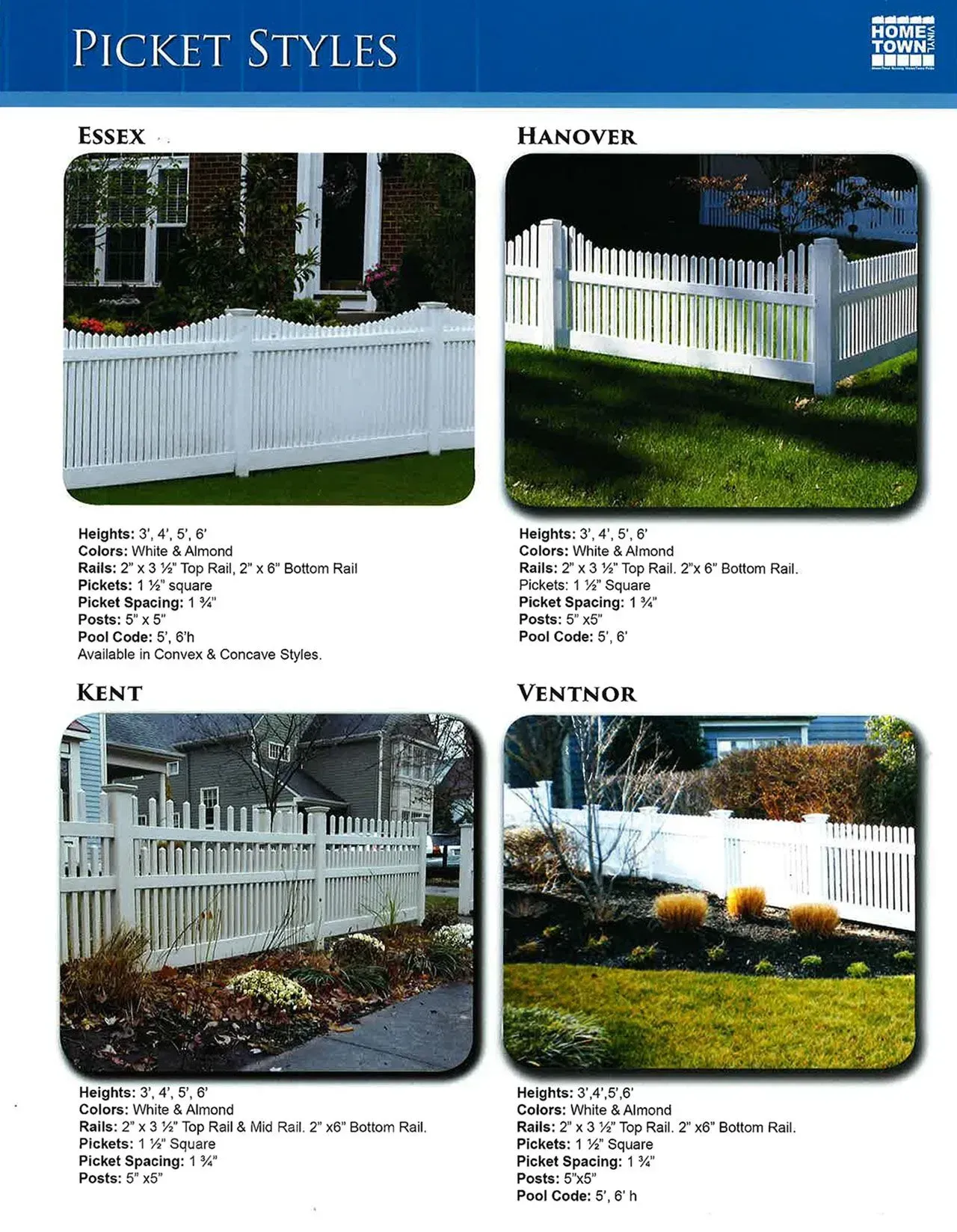 Brochure page showing four styles of white picket fences in residential yards