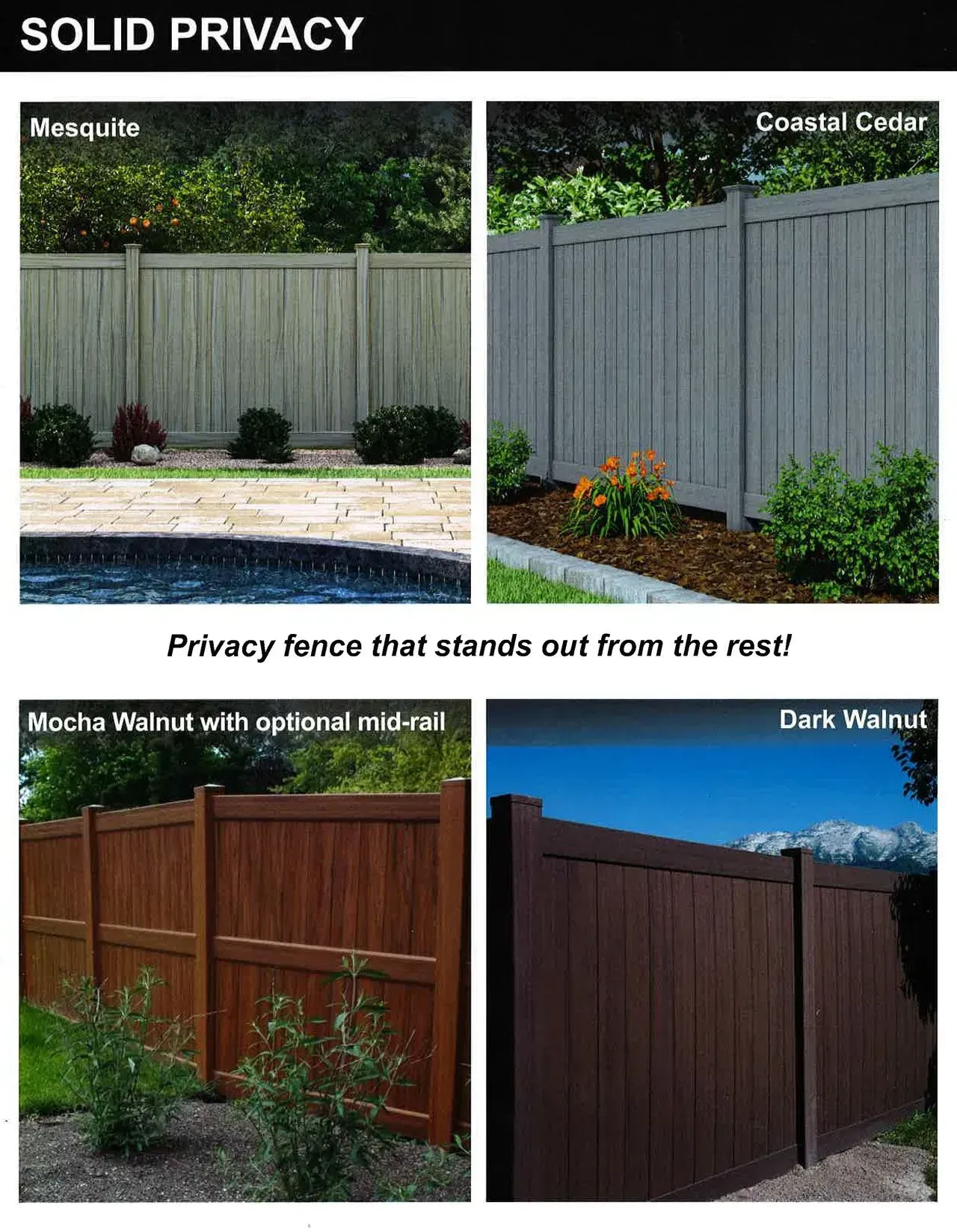 Collage of four solid privacy fence styles in beige, gray, mocha walnut, and dark walnut in a yard