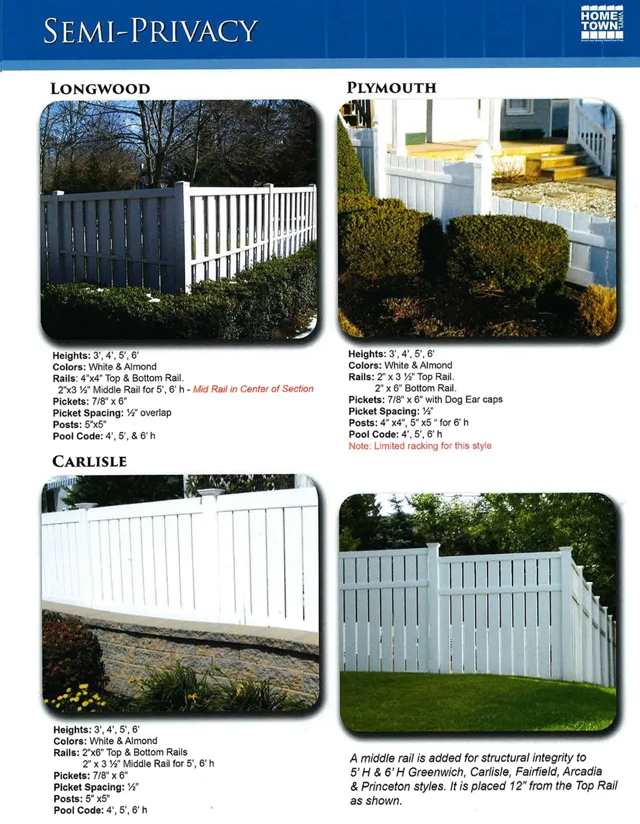 Catalog page showing four white semi-privacy fence styles in residential settings