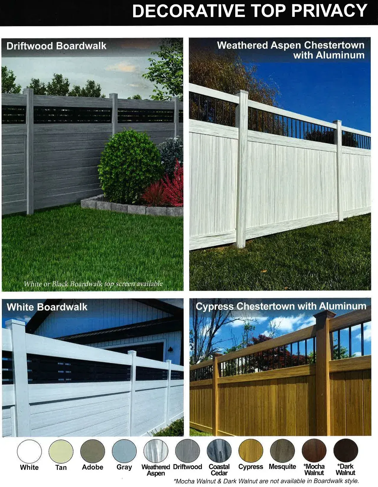 Decorative top privacy fencing examples in gray, white, black, and brown finishes with color swatches below