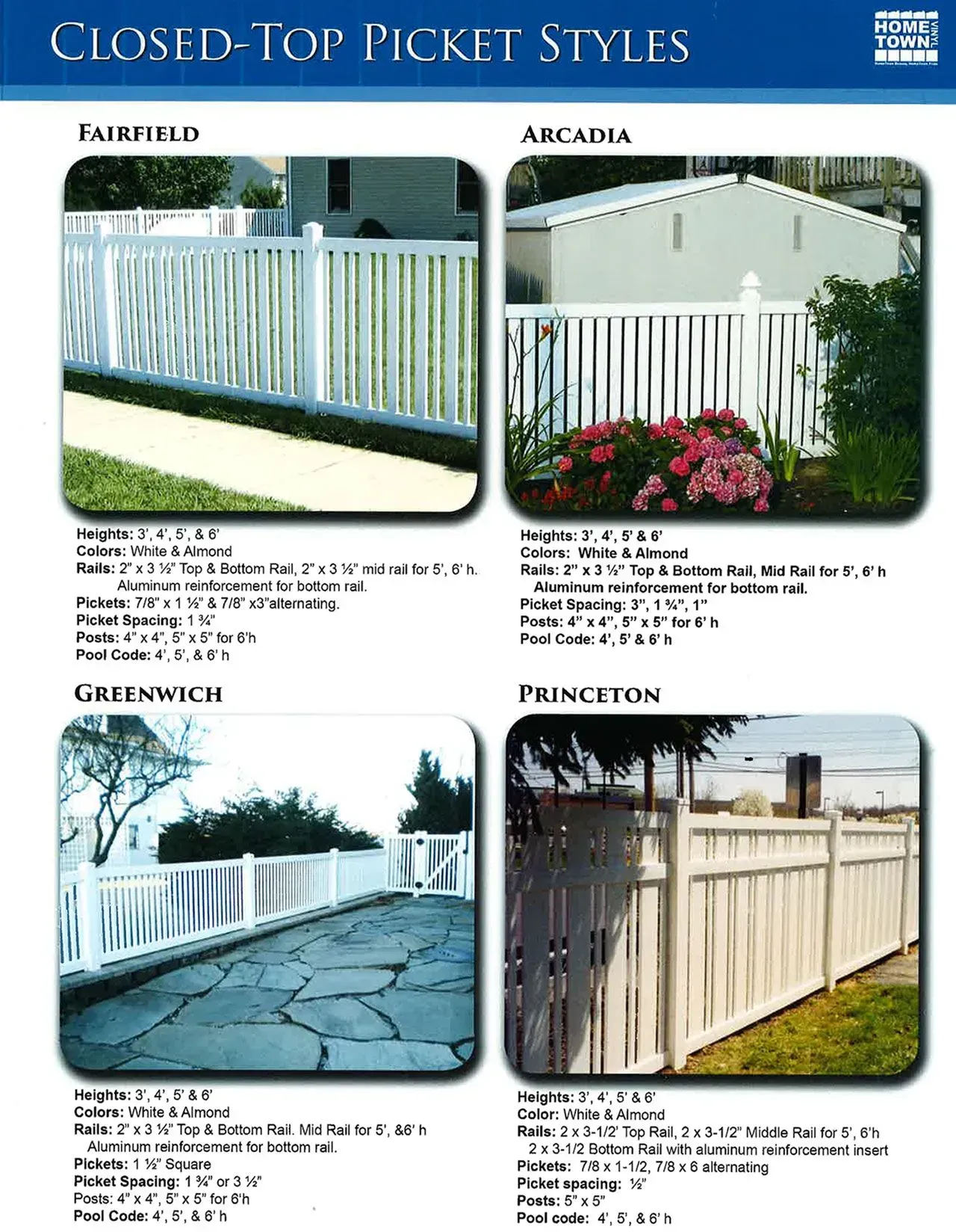 Brochure page showing four styles of white closed-top picket fences in different yard settings