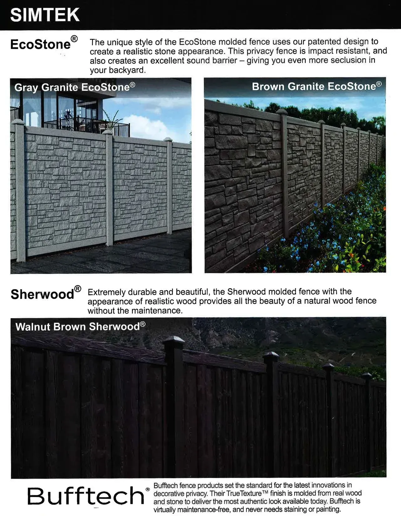 Comparison chart of SIMTEK fence styles, showing four textured fence panels in gray, brown, and black.