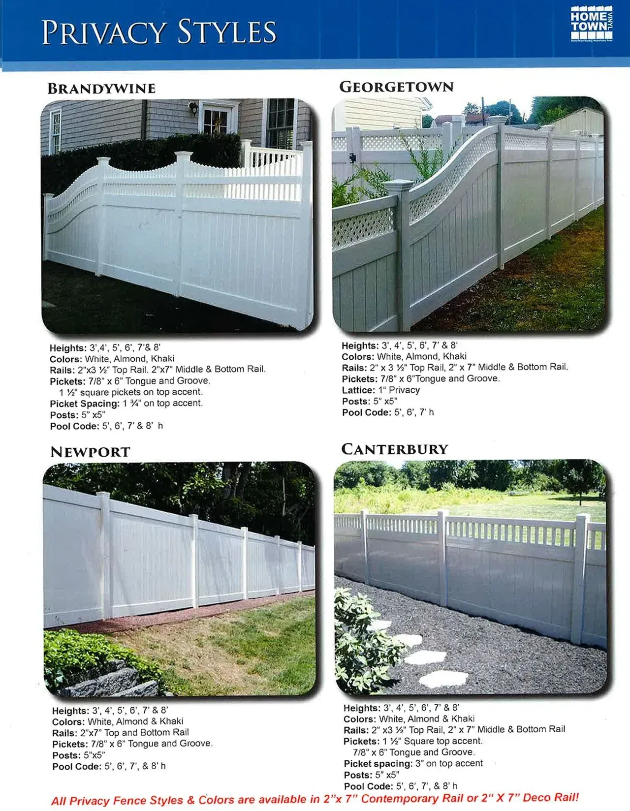 Brochure page showing four white privacy fence styles with photos and product names