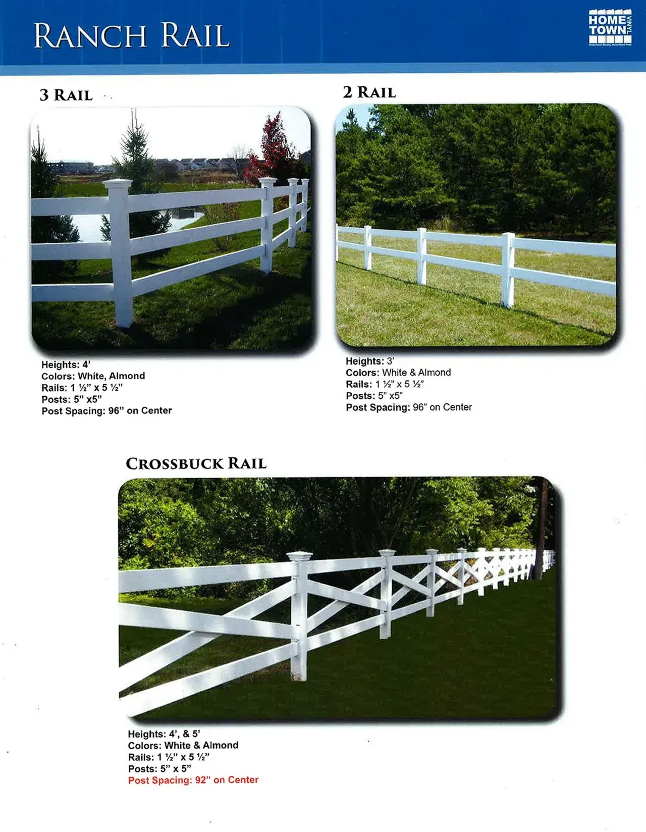 Fence catalog page showing white ranch rail styles: 3 rail, 2 rail, and crossbuck rail in landscaped settings