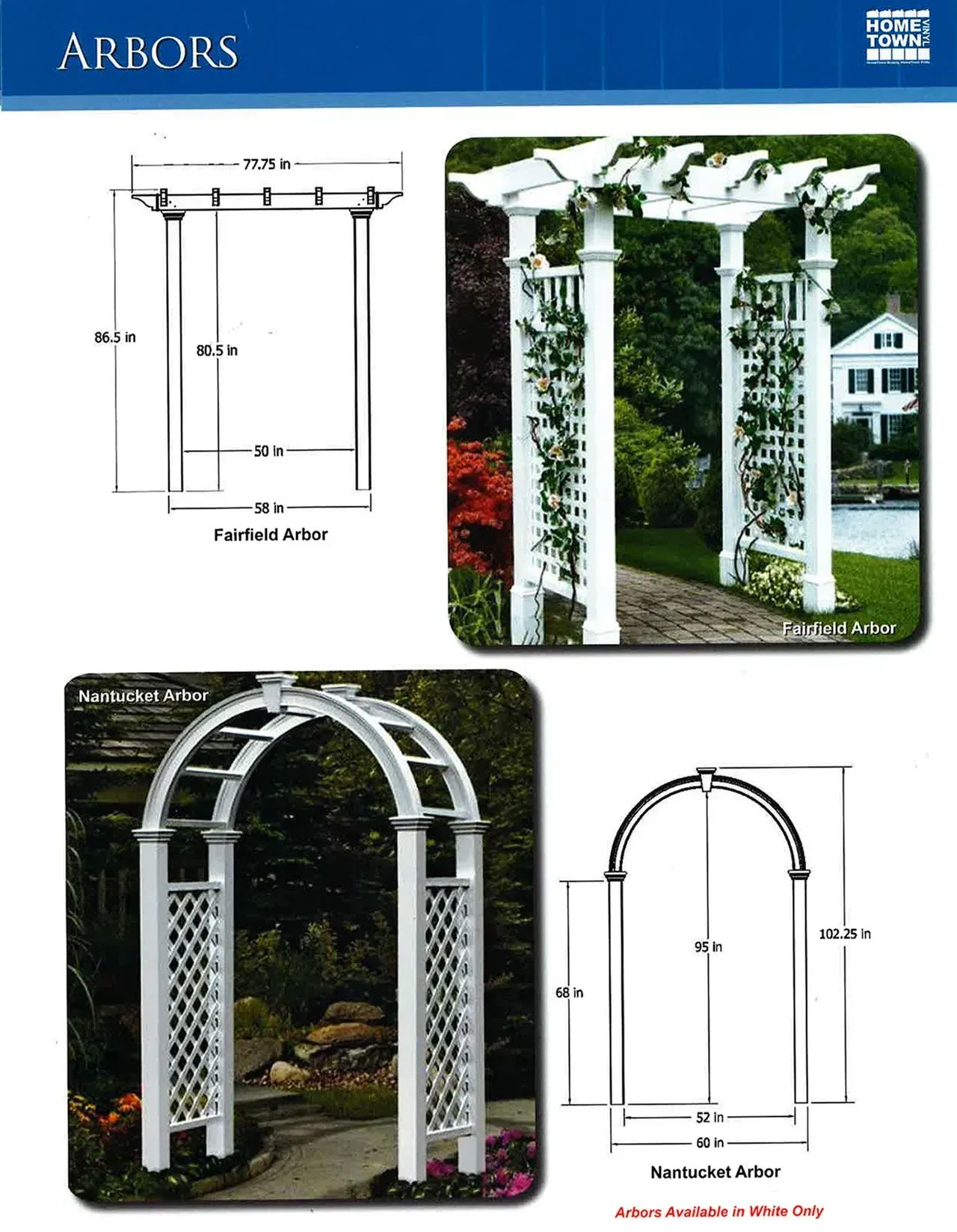 Arbors catalog page showing white garden arbor and trellis arch designs with dimensions and photos