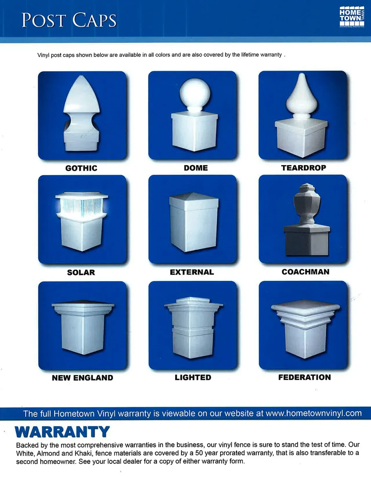 Post caps product chart showing nine white caps on blue backgrounds with style names and warranty text