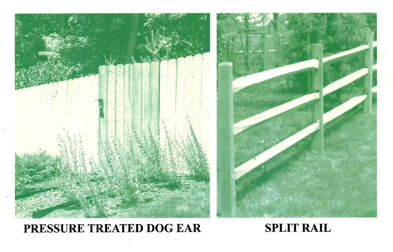 Side-by-side comparison of pressure-treated dog-ear fence and split-rail fence.