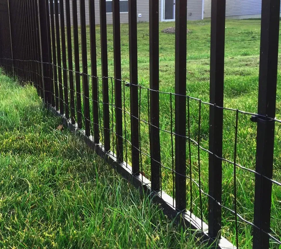 Black metal fence along a grassy yard in front of a house
