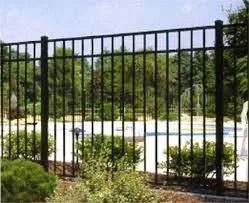 Black metal fence in front of a sunny swimming pool and trees.