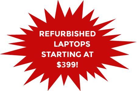 A red sign that says refurbished 17 laptops starting at $ 499