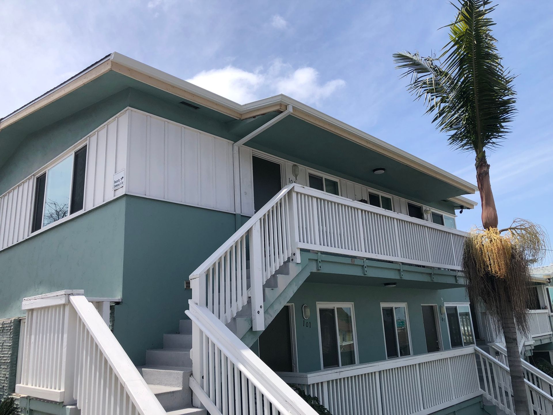 A house with stairs and a palm tree in front of it