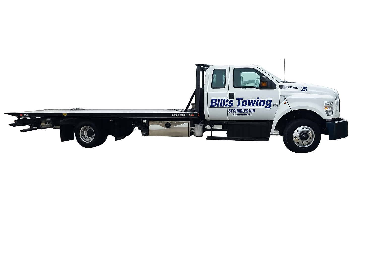 White tow truck with the name 