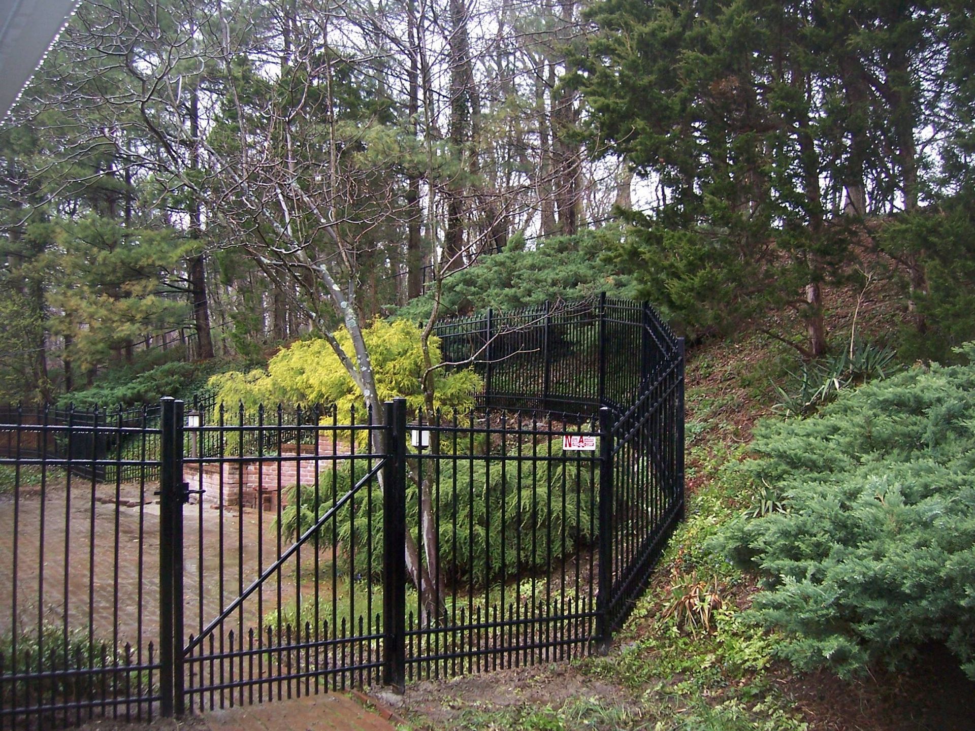 A black fence is surrounded by trees and bushes