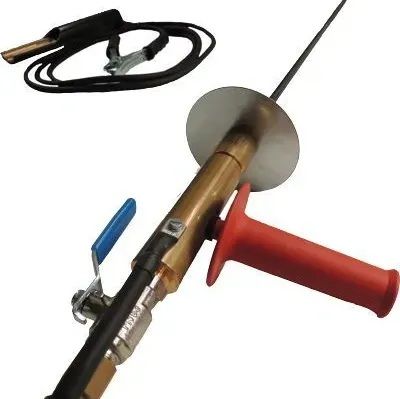 Metal tool with red handle and blue lever, shown with a coiled cable attachment on a white background.