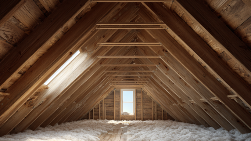 Attic interior with exposed wooden rafters, skylight, and insulation on the floor