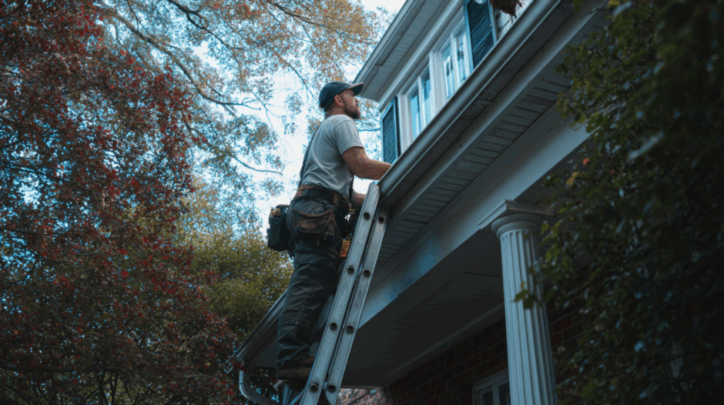 Person on a ladder cleaning gutters on a blue-roofed house under trees