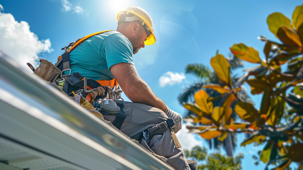 Worker in a yellow hard hat and safety harness repairing a roof under bright sunlight