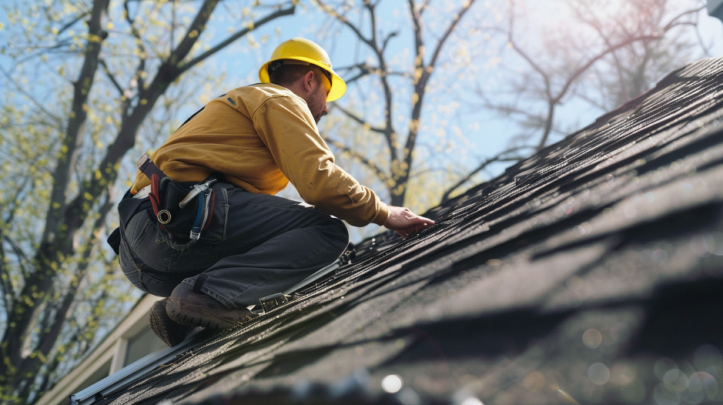 Worker in a yellow hard hat crouches on a sloped roof, inspecting shingles with safety harness attached
