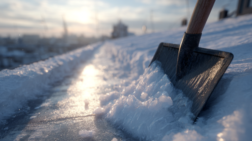 Snow shovel scraping ice on a snowy path at sunrise