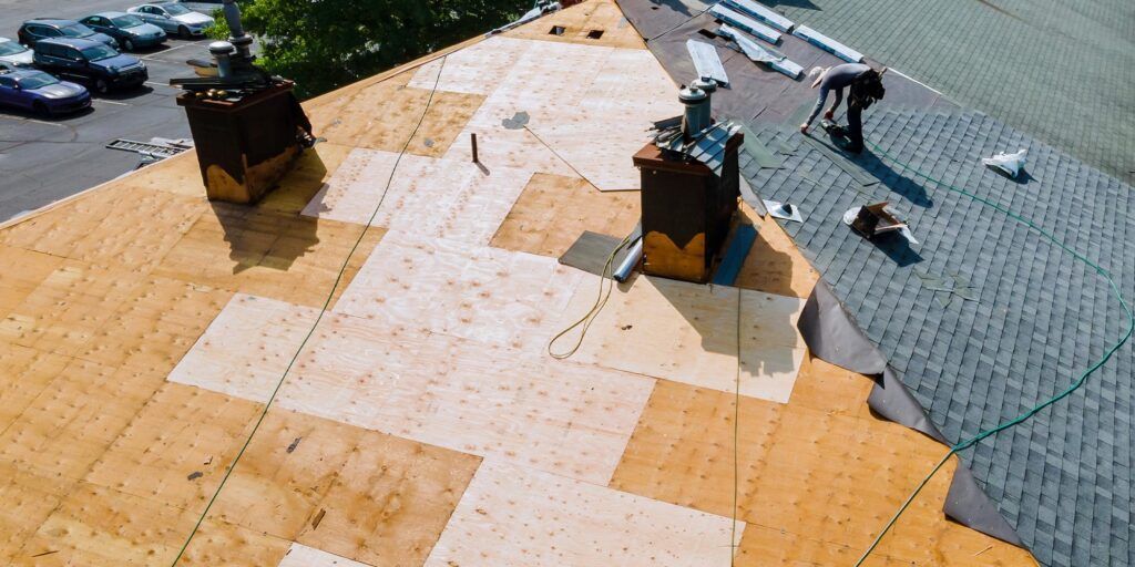 Roof under repair with exposed plywood and dark shingles, plus two chimney vents