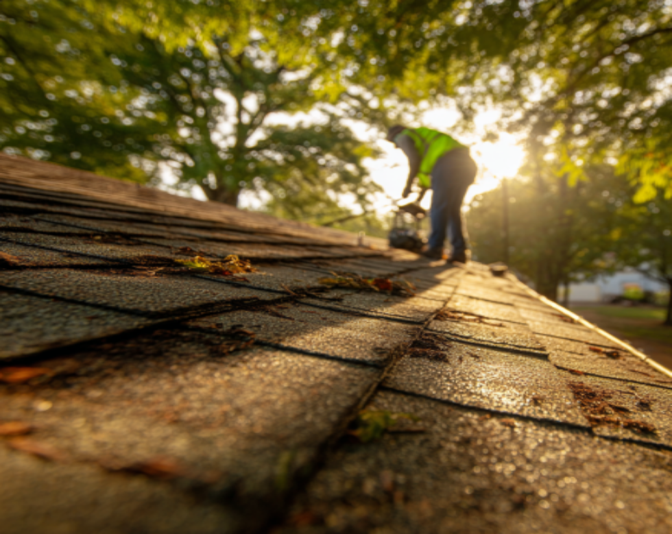Worker inspecting roof shingles at sunset, with sunlit trees in the background.