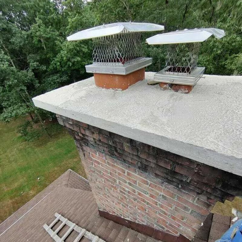 Two roof chimneys with white metal caps and brick bases on a house roof beside green trees.