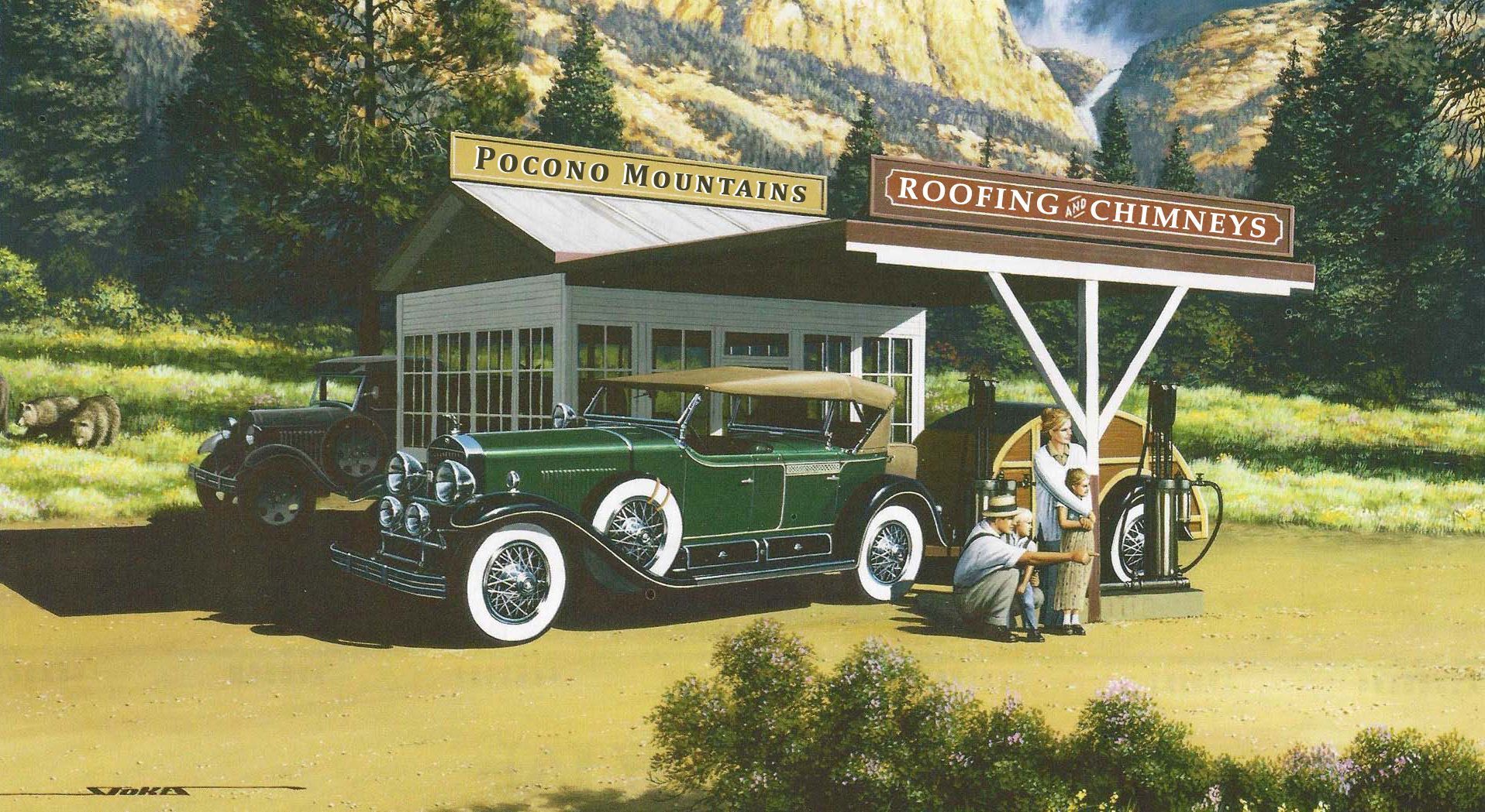 Vintage green car at a roadside stand with a sign reading “Southern Comforts” in a sunny rural setting