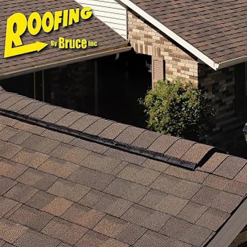 Roofing advertisement showing a shingled roof and attic opening with “Roofing by Bruce Inc.” text
