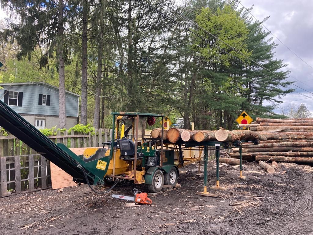 Log loader beside stacked logs in a wooded yard, with a house and trees in the background