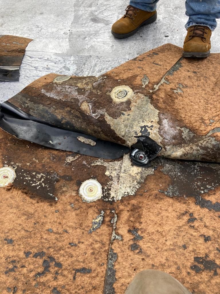 Damaged orange-brown roof shingles with a lifted section exposing black underlayment and fasteners.