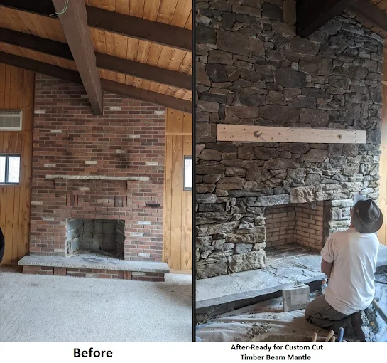 Before-and-after fireplace makeover: brick wall replaced with stone veneer and a wooden mantel.