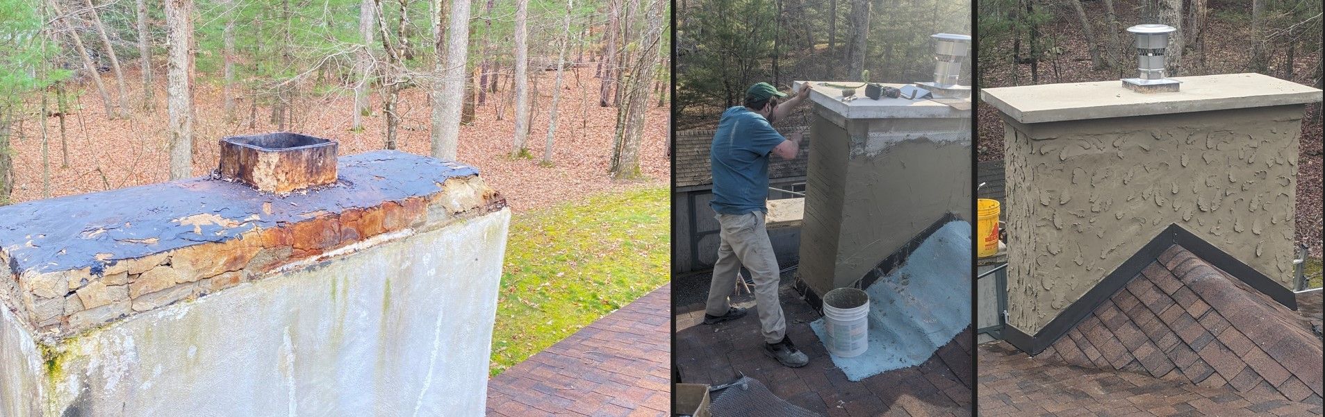 Three views of a yard showing outdoor trash bins, one with a person cleaning or inspecting it.
