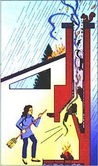 Firefighters rescue a person from a burning house ladder while another sprays water outside.