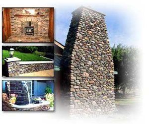 Stone garden fountain feature with stacked rock tower and small inset views of waterfall details