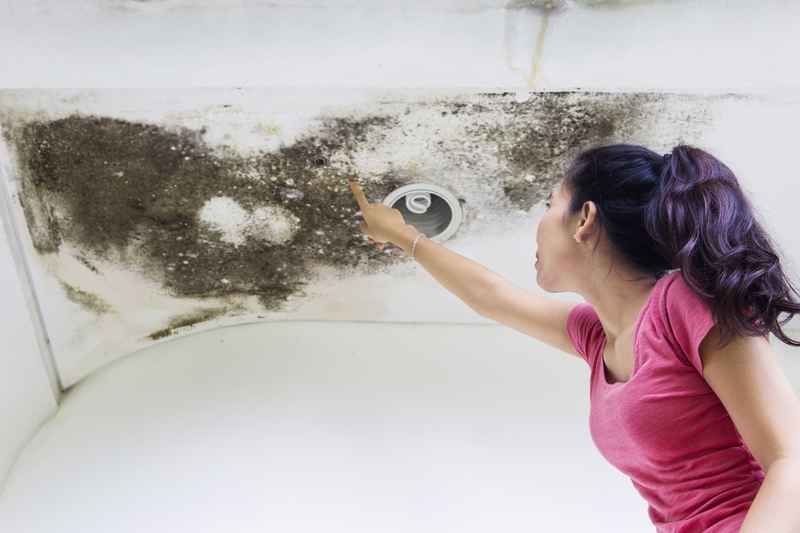 Woman using a spray bottle to clean black mold from a ceiling corner