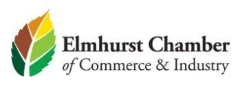 Logo for the Elmhurst Chamber of Commerce & Industry featuring a multicolored leaf icon next to the organization's name.