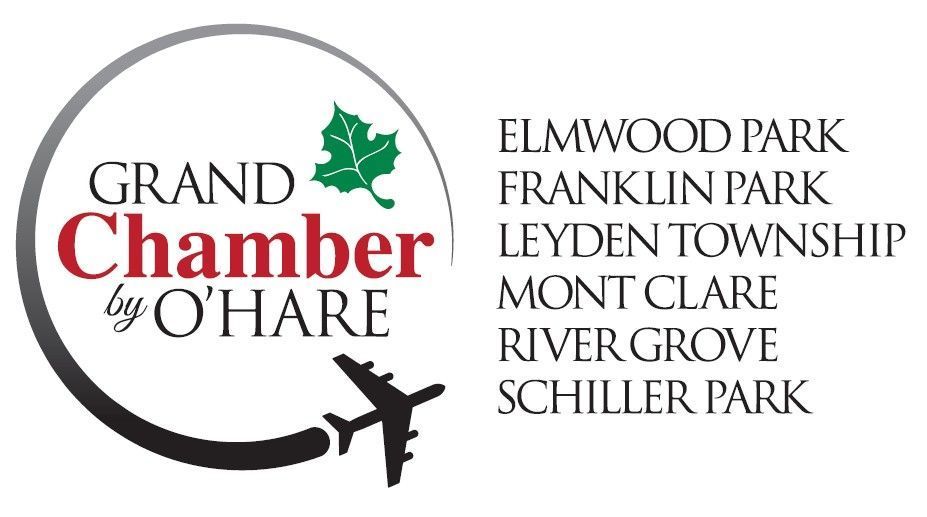 Logo for Grand Chamber by O Hare listing Elmwood Park, Franklin Park, Leyden Township, Mont Clare, River Grove, and Schiller.