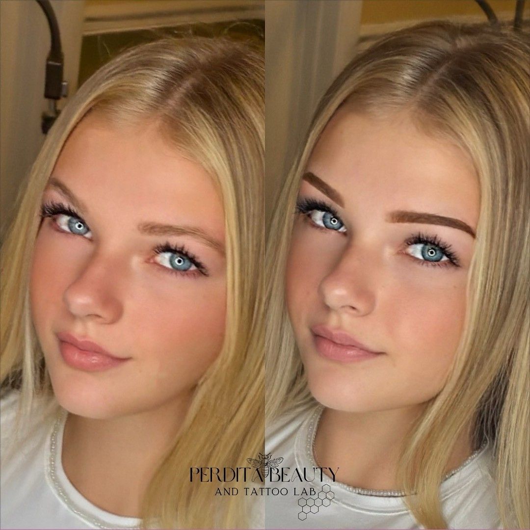 Blonde girl with blue eyes, before and after eyebrow tattoo. Shows change in shape and color.