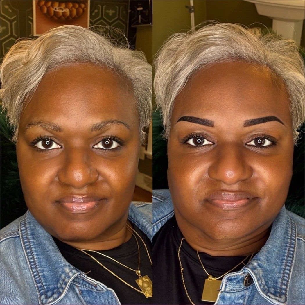 Side-by-side before and after of a woman's eyebrow makeup. She is Black with silver hair, wearing a jean jacket.