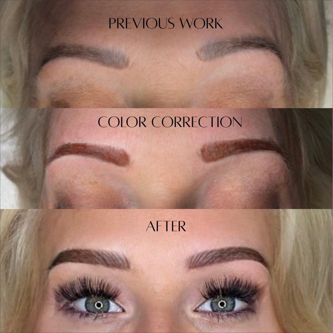 Eyebrow color correction: Previous work, color correction, and after results. Eyebrows change color & shape; eyes show long lashes.