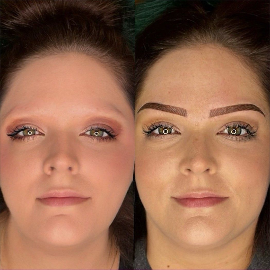 Before and after photos of a woman's face; before has no brows, after has professionally done brows.