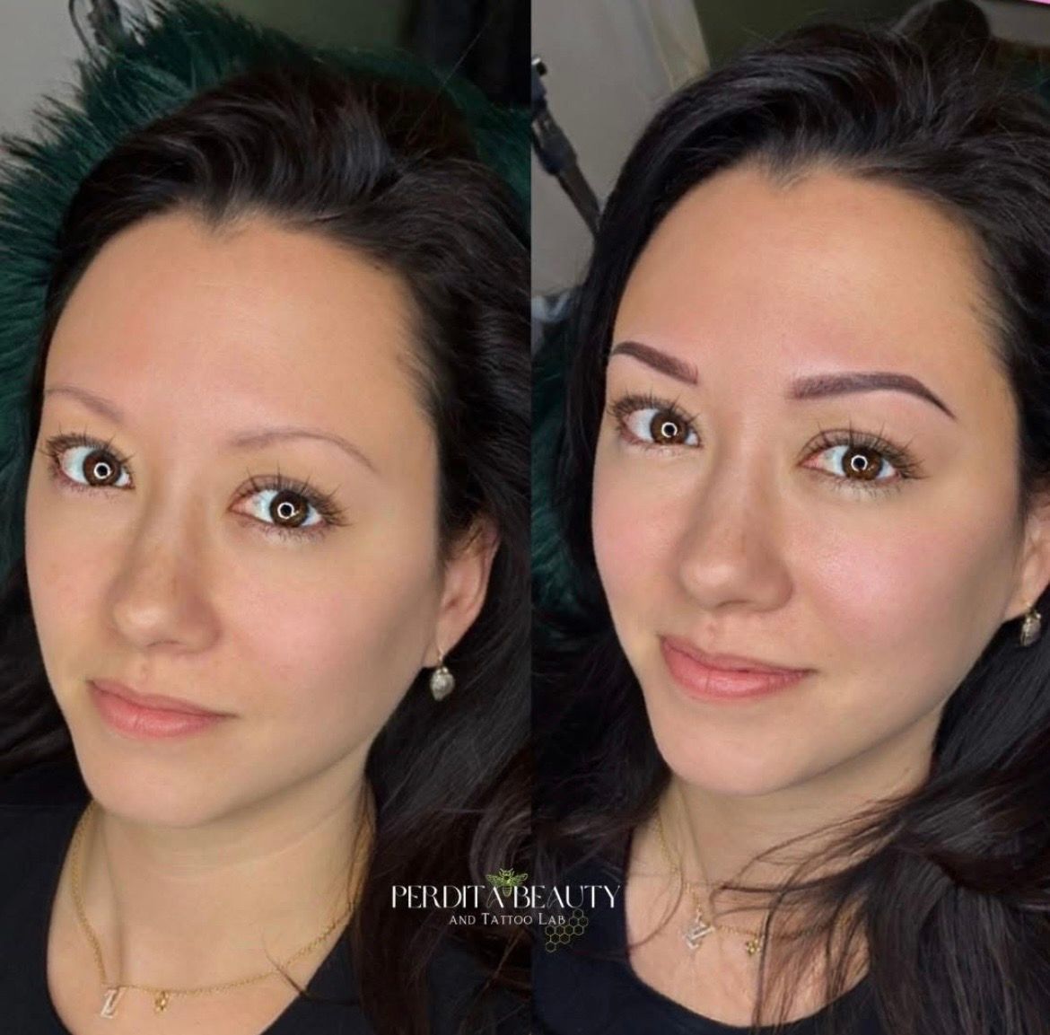 Side-by-side portrait of the same woman with natural makeup on the left and glam makeup on the right