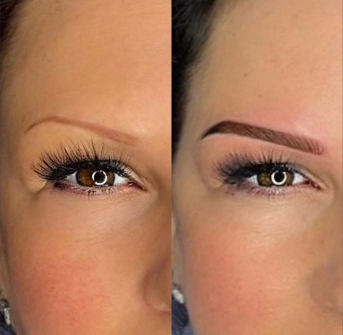 Close-up comparison of an eye with makeup before and after eyebrow shaping, microblading, or filling