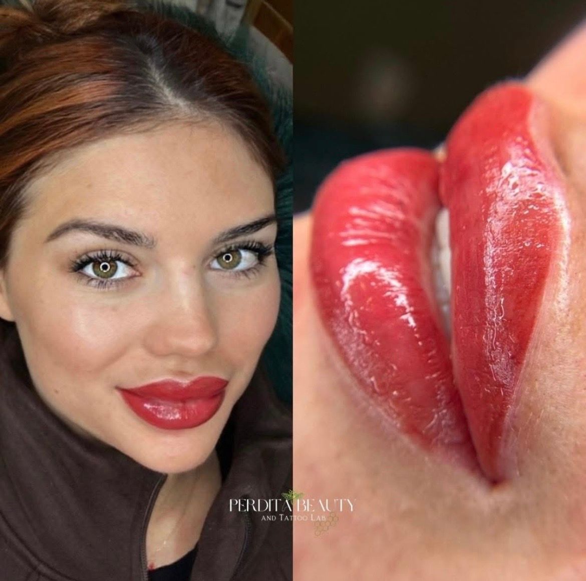 Woman with glossy red lipstick, shown in portrait beside a close-up of shiny red lips.