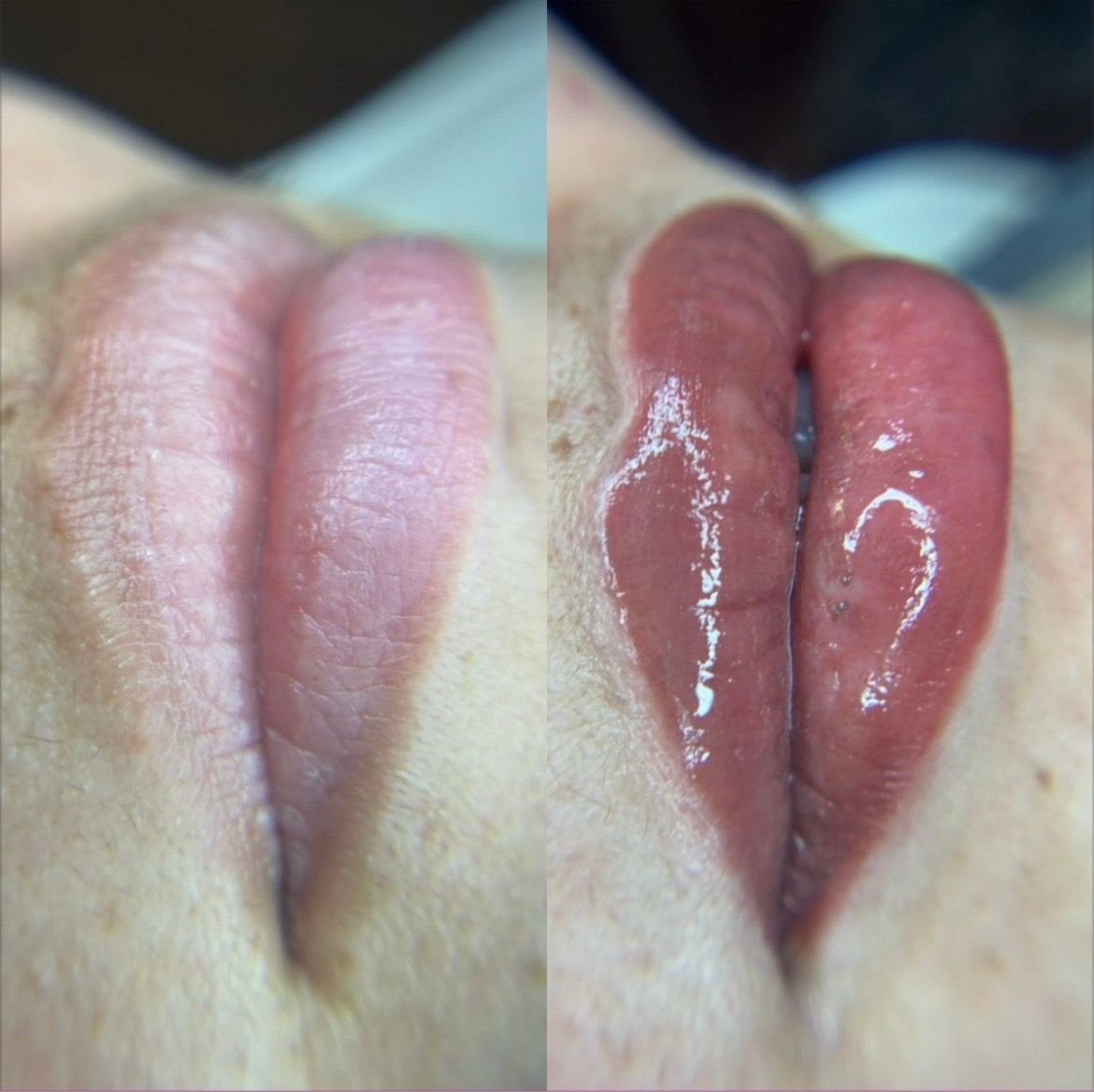 Close-up of lips split down the center, comparing dry pale lips with glossy pink lips.