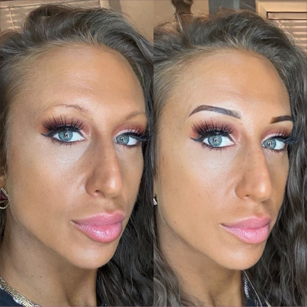 A before and after photo of a woman's eyebrows