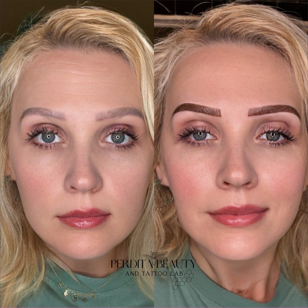 A before-and-after picture of a woman's eyebrows