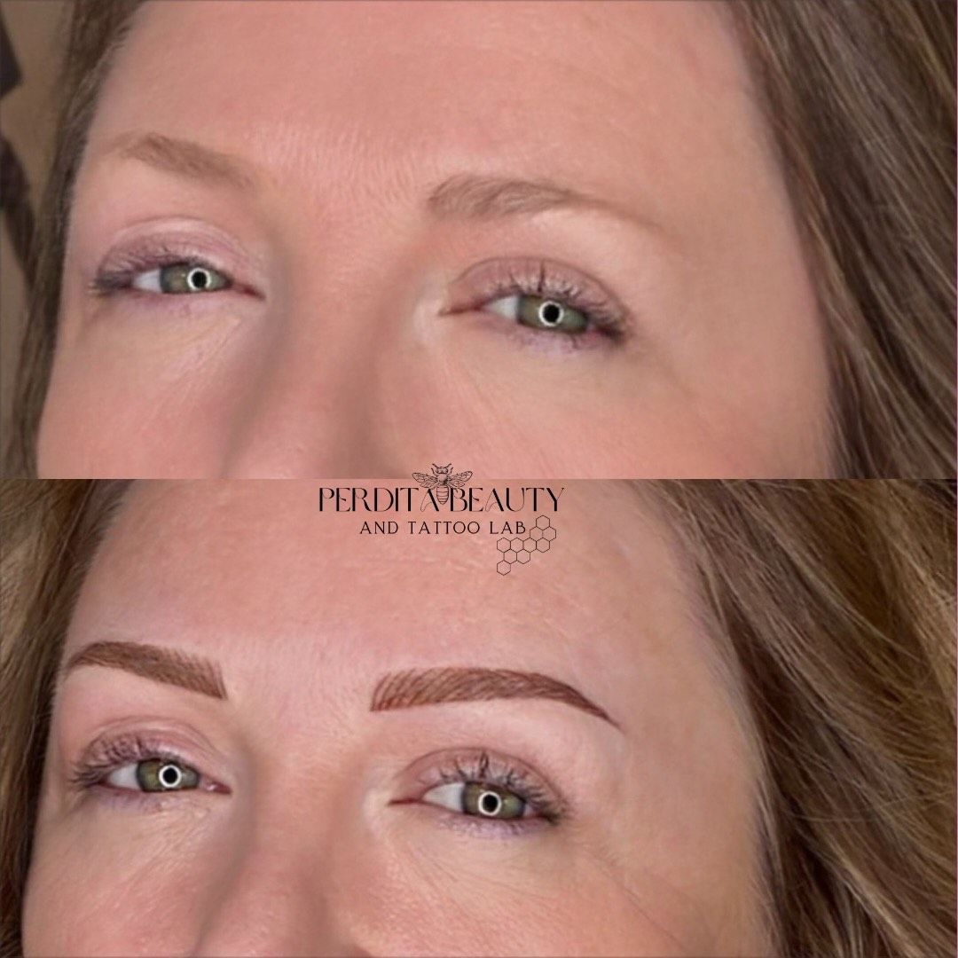 A before-and-after photo of a woman's eyebrows.