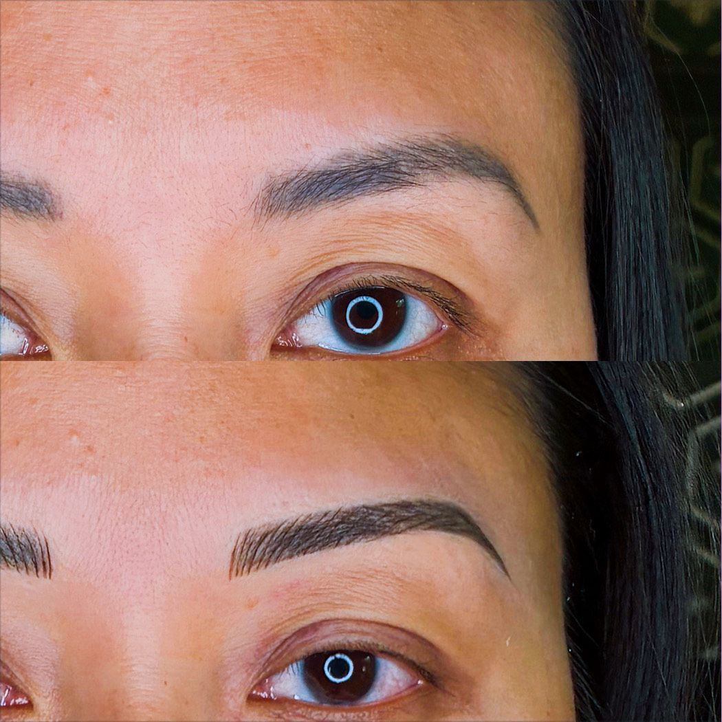 A before-and-after picture of a woman's eyebrows.