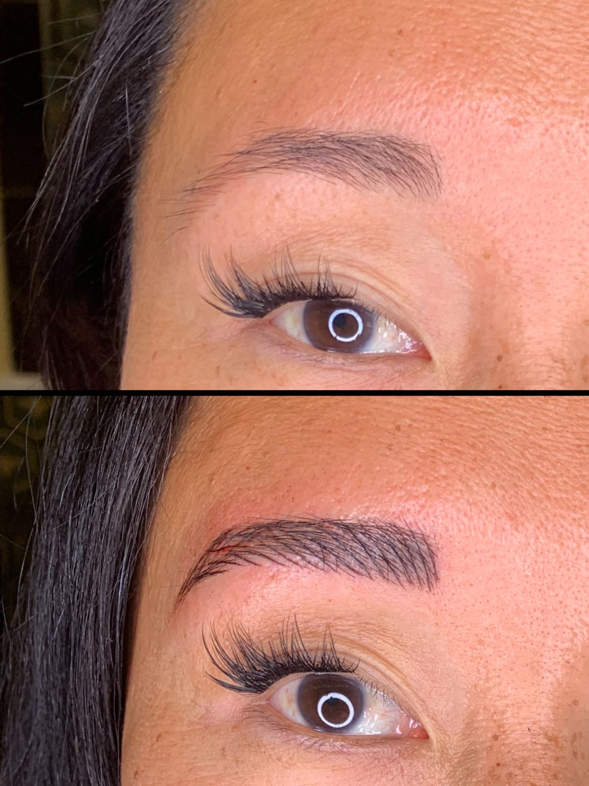 A before and after picture of a woman 's eyebrows.